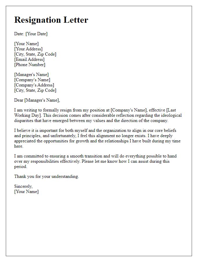 Letter template of resignation caused by ideological disparities