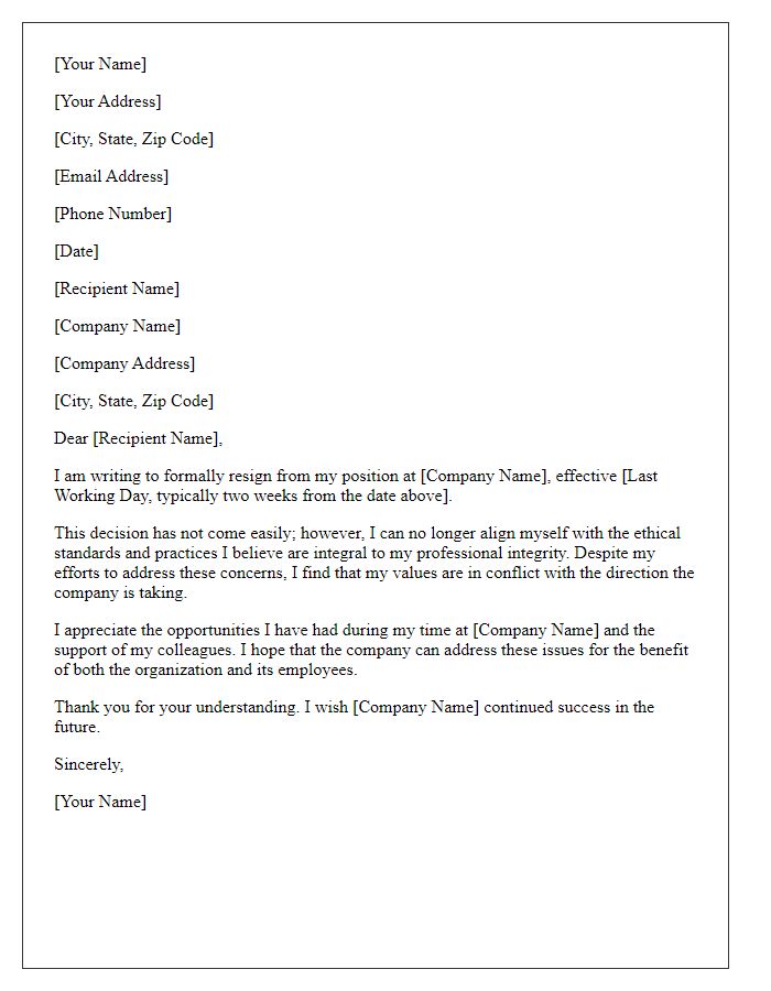 Letter template of resignation over ethical disagreements