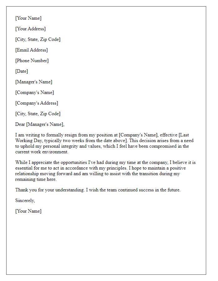 Letter template of resignation for reasons of personal integrity