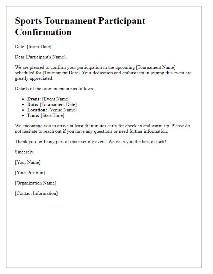 Letter template of sports tournament participant confirmation