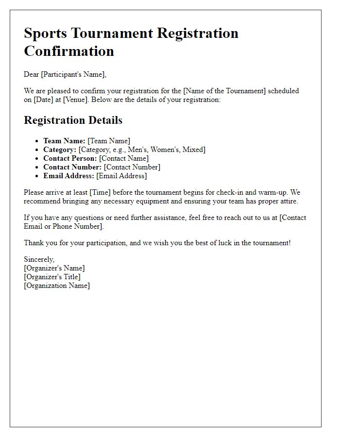 Letter template of sports tournament registration details