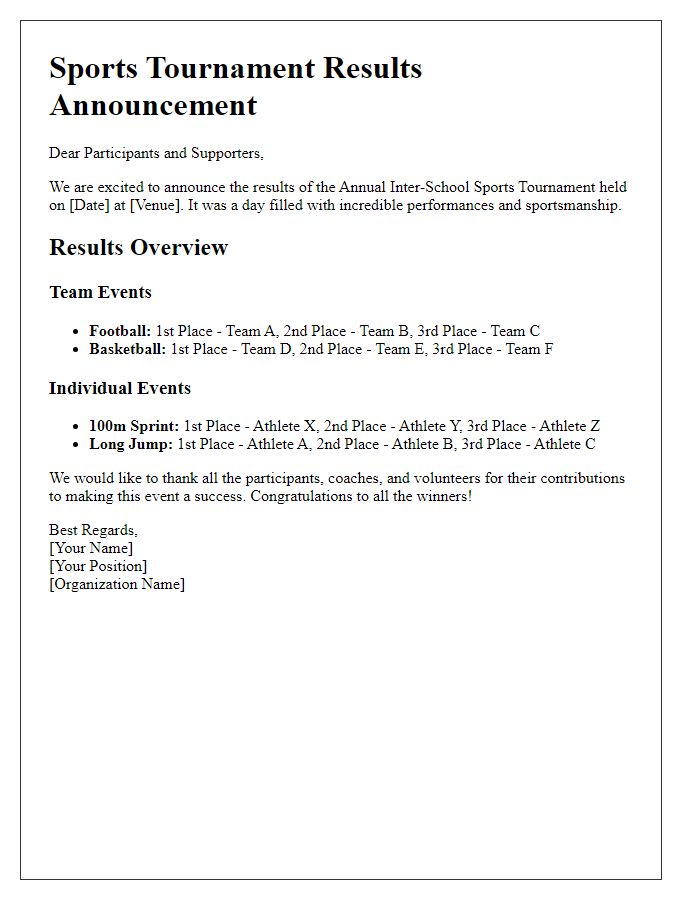 Letter template of sports tournament results announcement