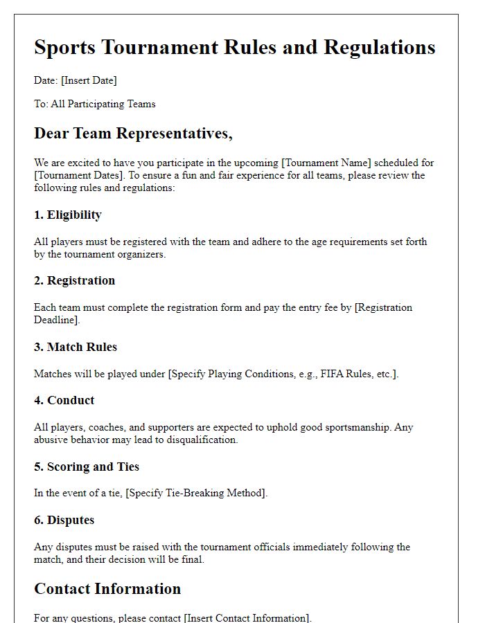 Letter template of sports tournament rules and regulations