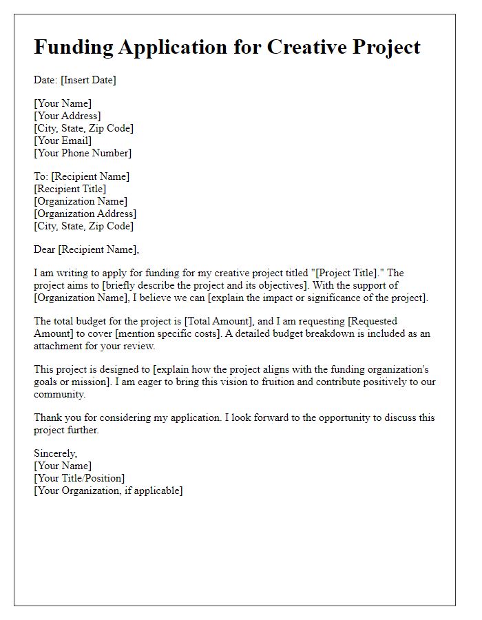 Letter template of funding application for a creative project