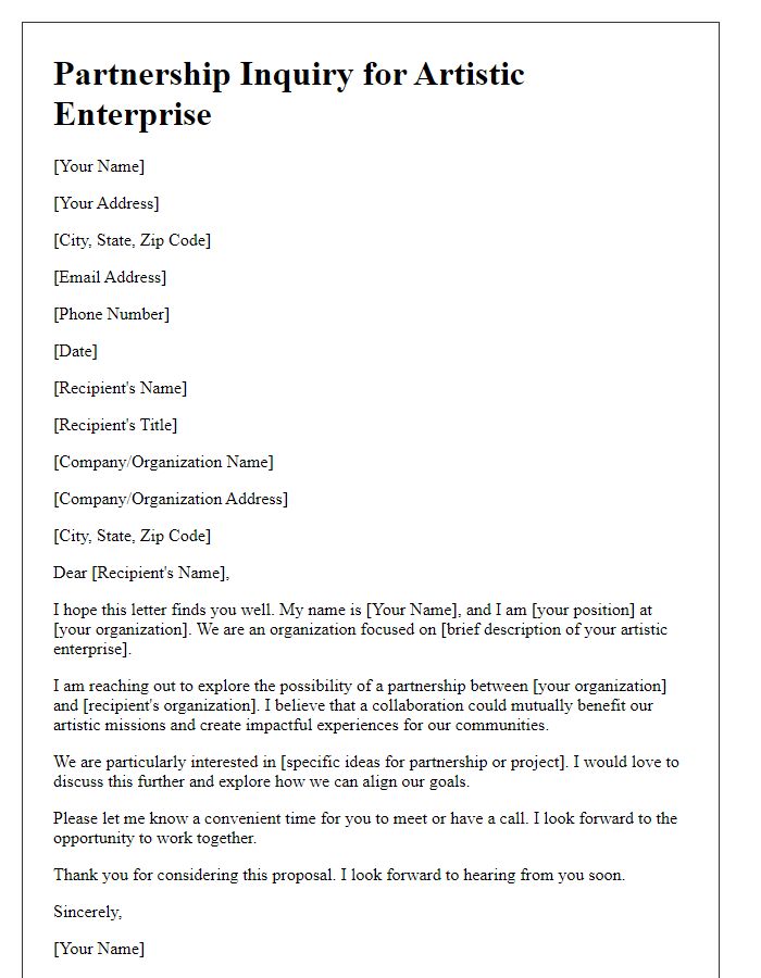 Letter template of partnership inquiry for artistic enterprise