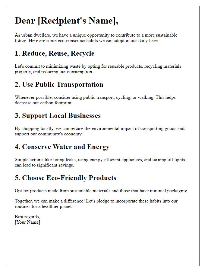 Letter template of eco-conscious habits for urban dwellers