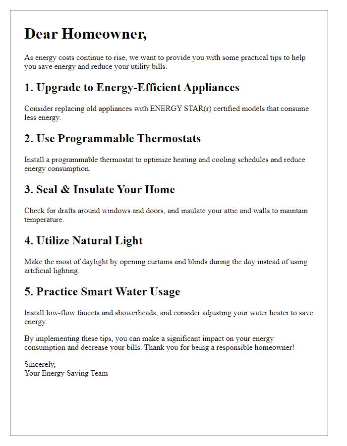 Letter template of energy-saving tips for homeowners