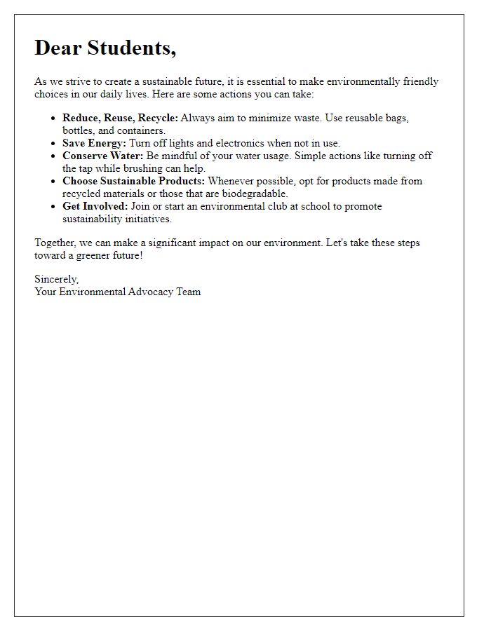 Letter template of environmentally friendly choices for students