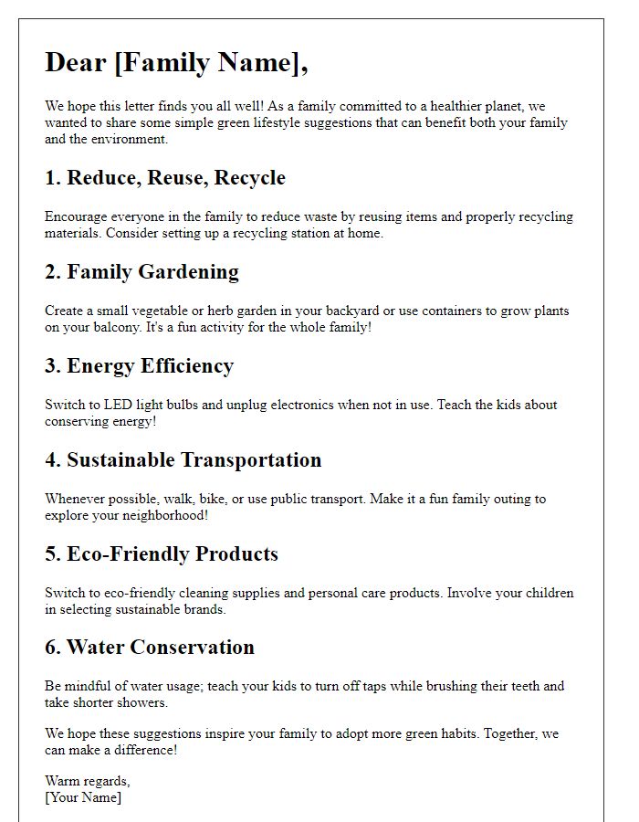 Letter template of green lifestyle suggestions for families