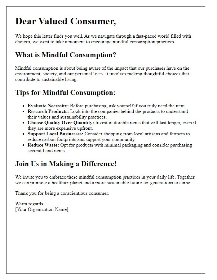 Letter template of mindful consumption advice for consumers