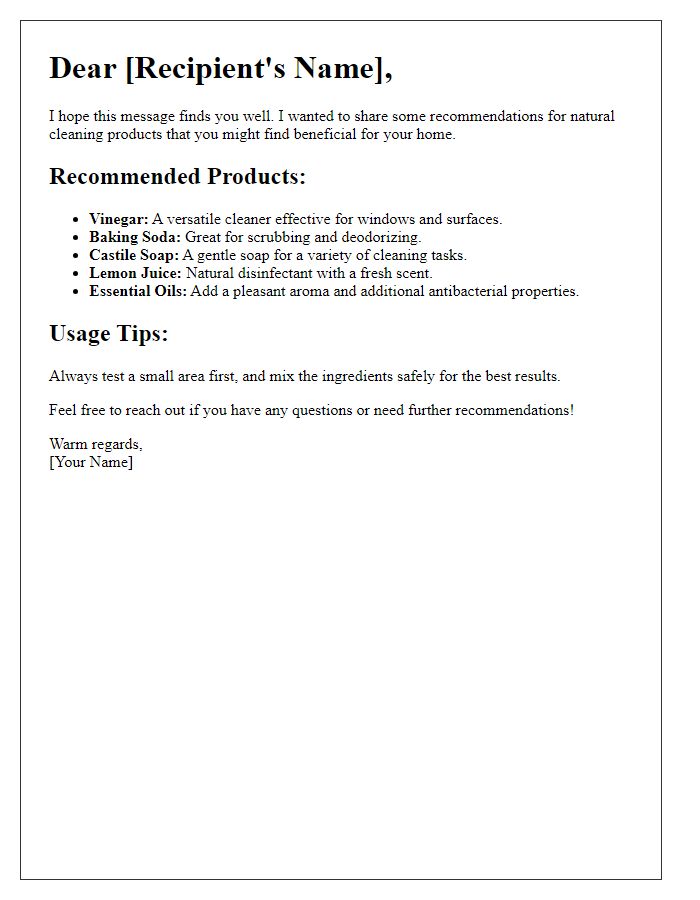 Letter template of natural cleaning product recommendations