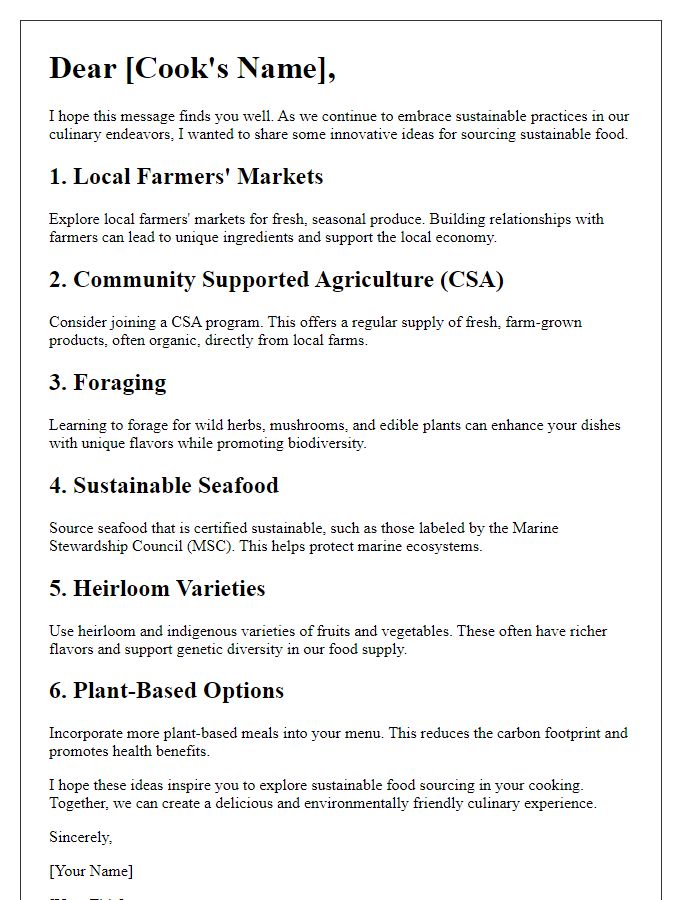 Letter template of sustainable food sourcing ideas for cooks