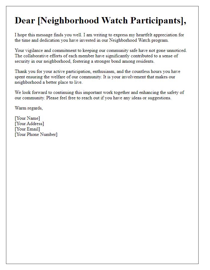 Letter template of appreciation for neighborhood watch participants.