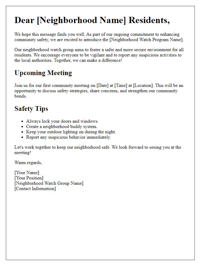 Letter template of community safety awareness for neighborhood watch.