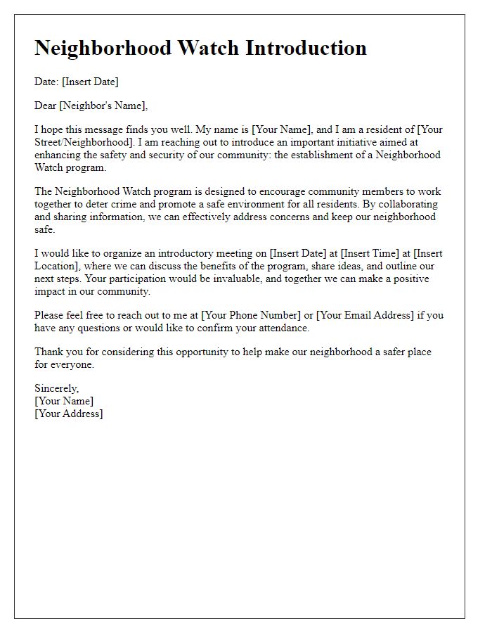 Letter template of introduction for establishing a neighborhood watch.