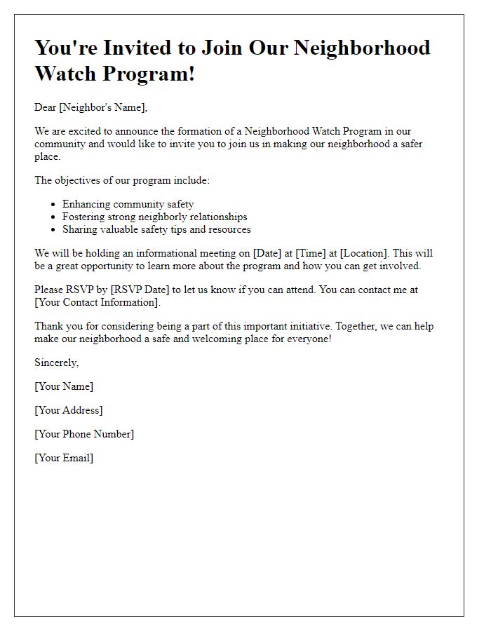 Letter template of invitation to join the neighborhood watch program.