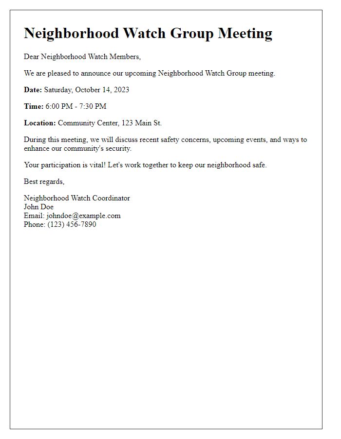 Letter template of meeting announcement for neighborhood watch group.