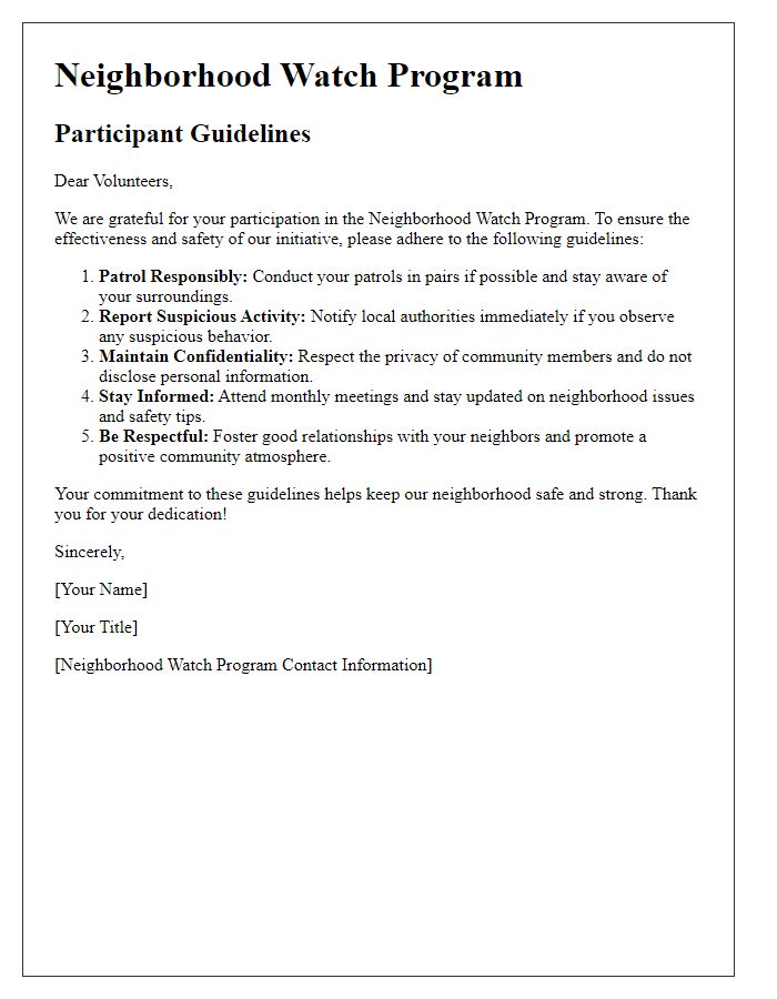 Letter template of participant guidelines for neighborhood watch volunteers.