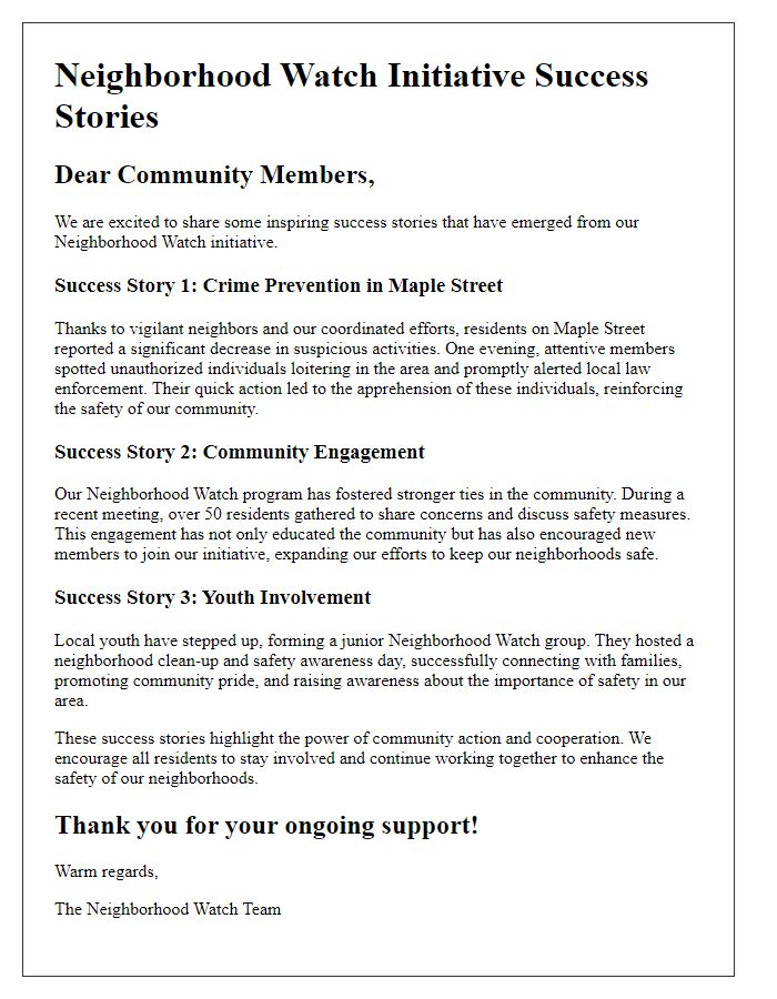 Letter template of success stories from the neighborhood watch initiative.