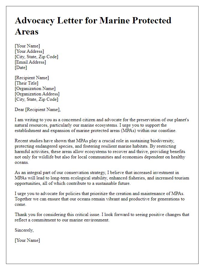 Letter template of advocacy for marine protected areas