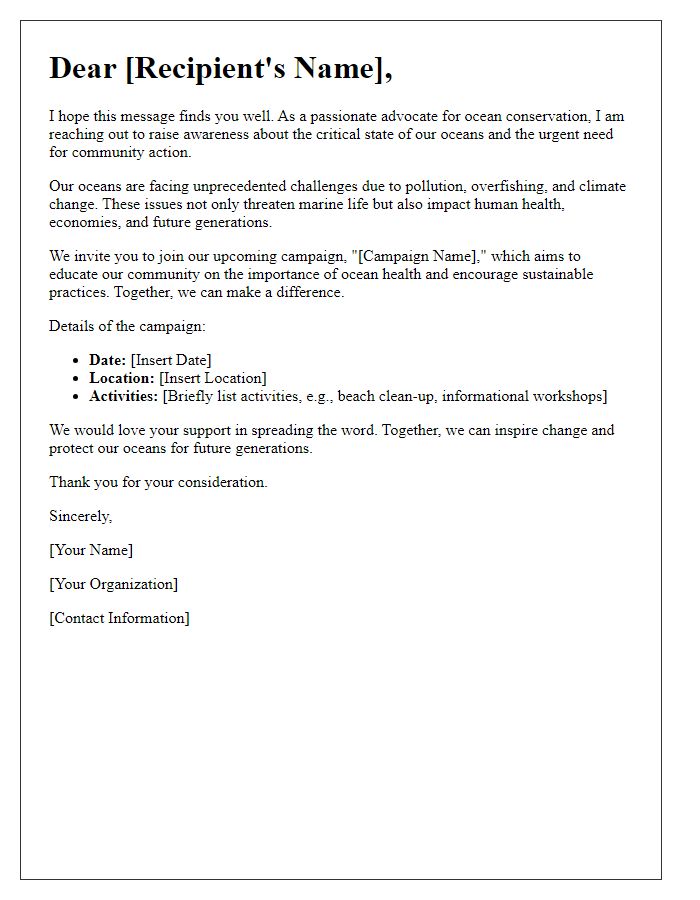 Letter template of awareness campaign for ocean health