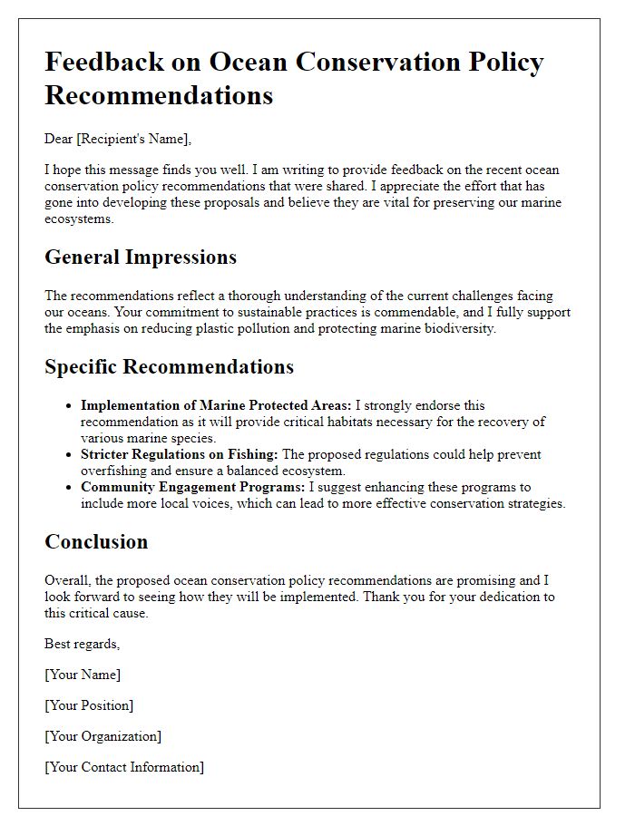 Letter template of feedback for ocean conservation policy recommendations