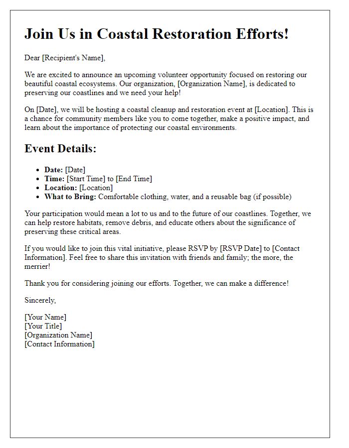 Letter template of volunteer recruitment for coastal restoration efforts