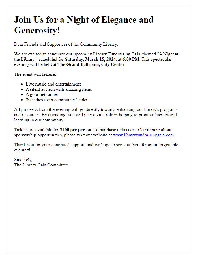 Letter template of announcement for upcoming library fundraising gala.