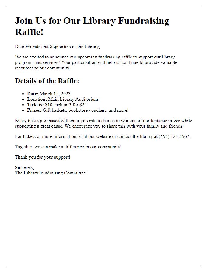 Letter template of promotion for library fundraising raffle.