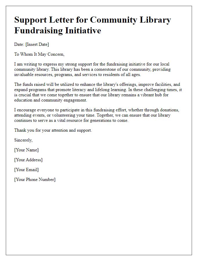 Letter template of support for community library fundraising initiative.