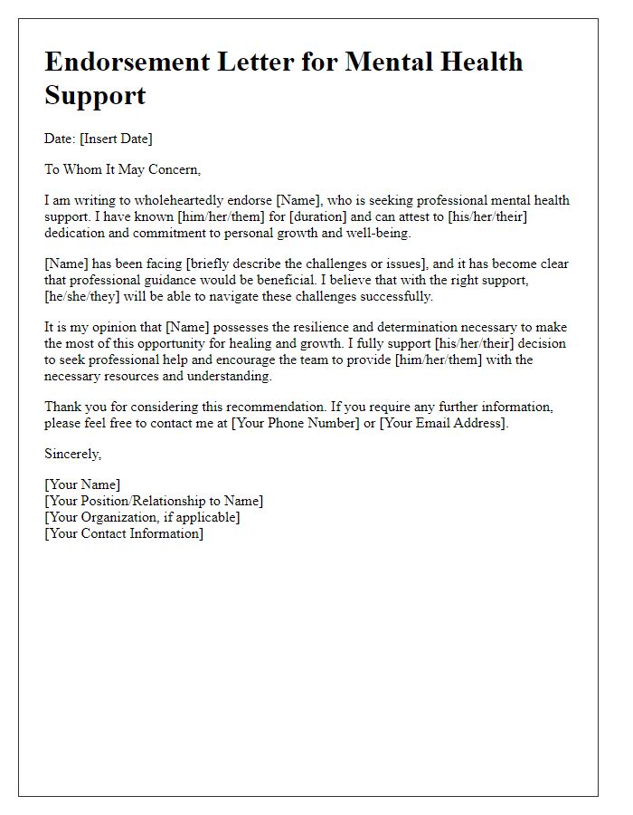 Letter template of endorsement for seeking professional mental health support.