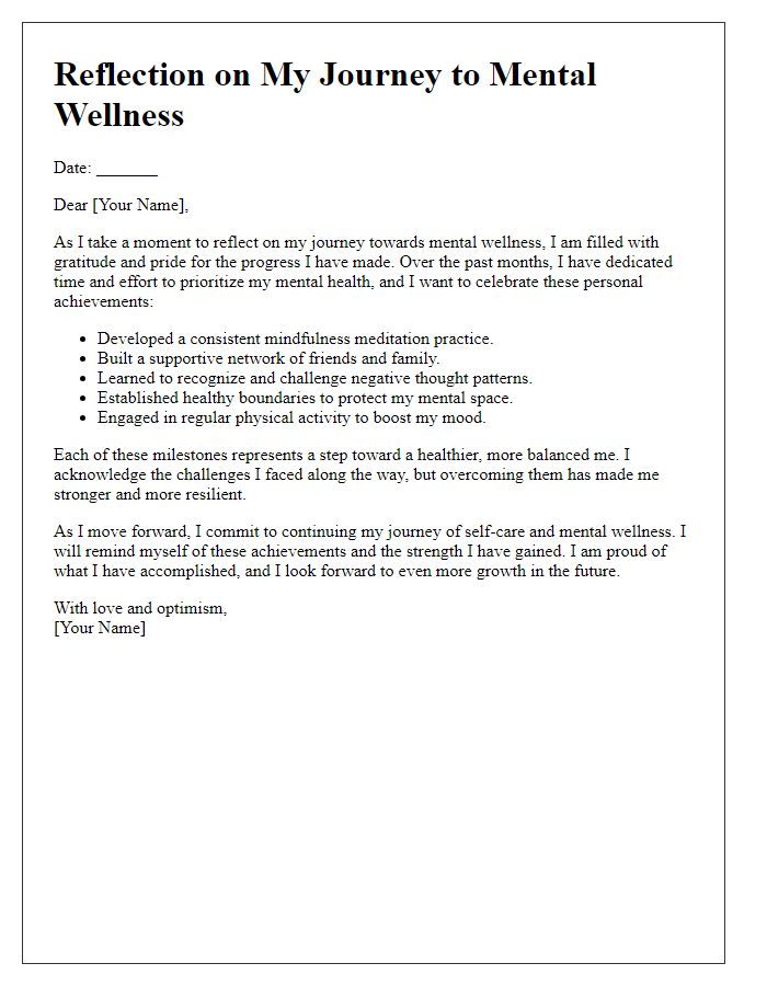 Letter template of reflection for celebrating personal achievements in mental wellness.