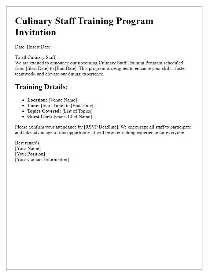 Letter template of culinary staff training programs