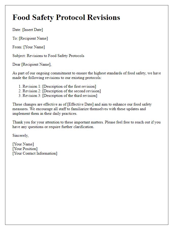 Letter template of food safety protocol revisions