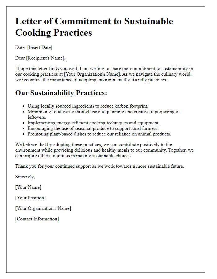 Letter template of sustainability practices in cooking