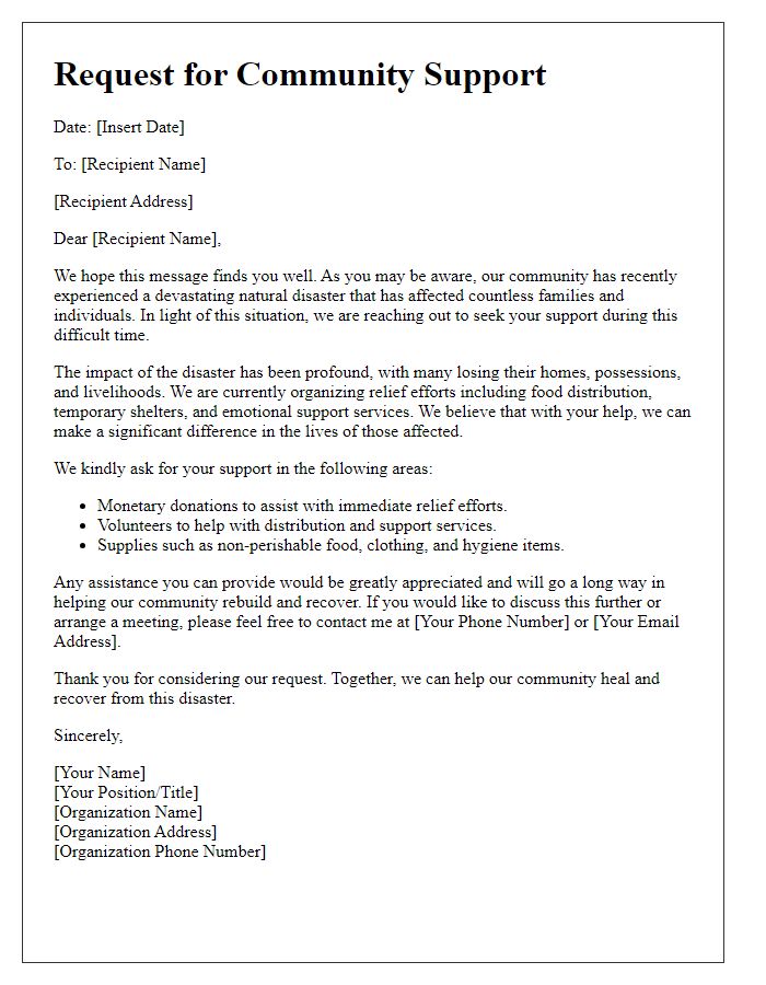 Letter template of community support request following a natural disaster.