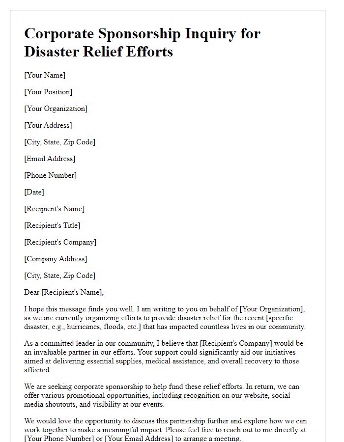 Letter template of corporate sponsorship inquiry for disaster relief efforts.