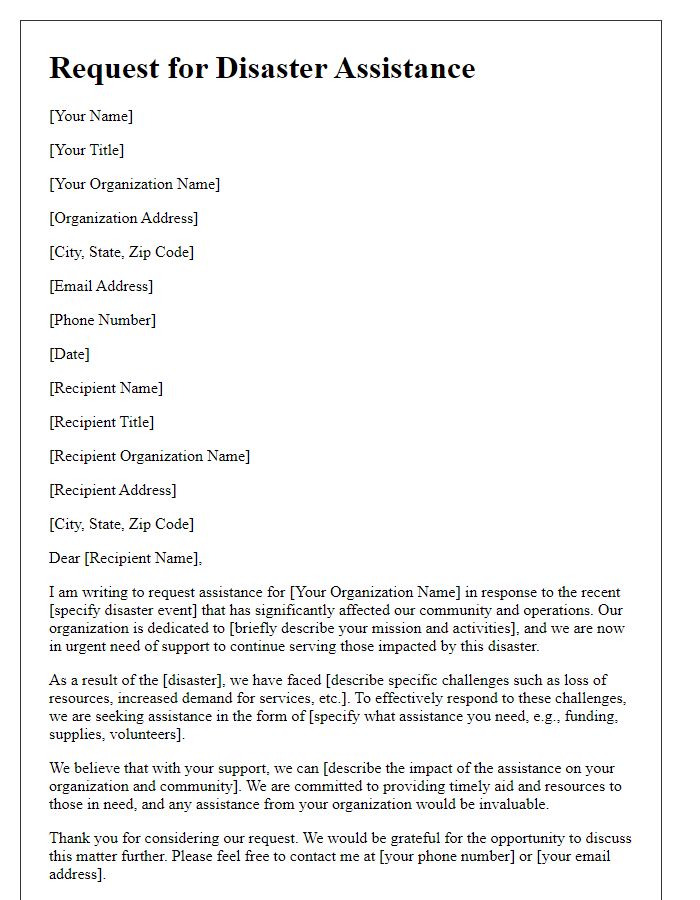 Letter template of disaster assistance request for non-profit organizations.