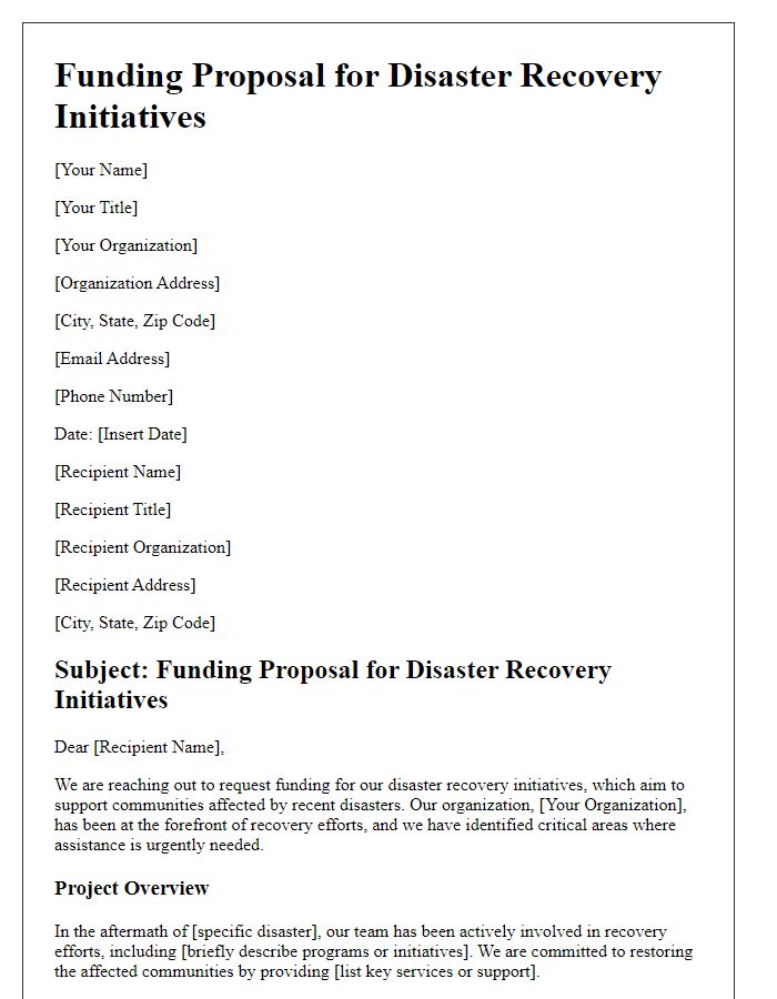 Letter template of funding proposal for disaster recovery initiatives.