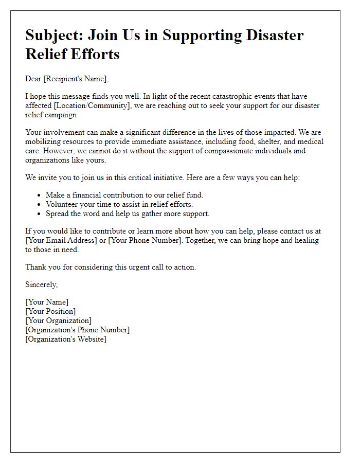 Letter template of outreach communication for a disaster relief campaign.