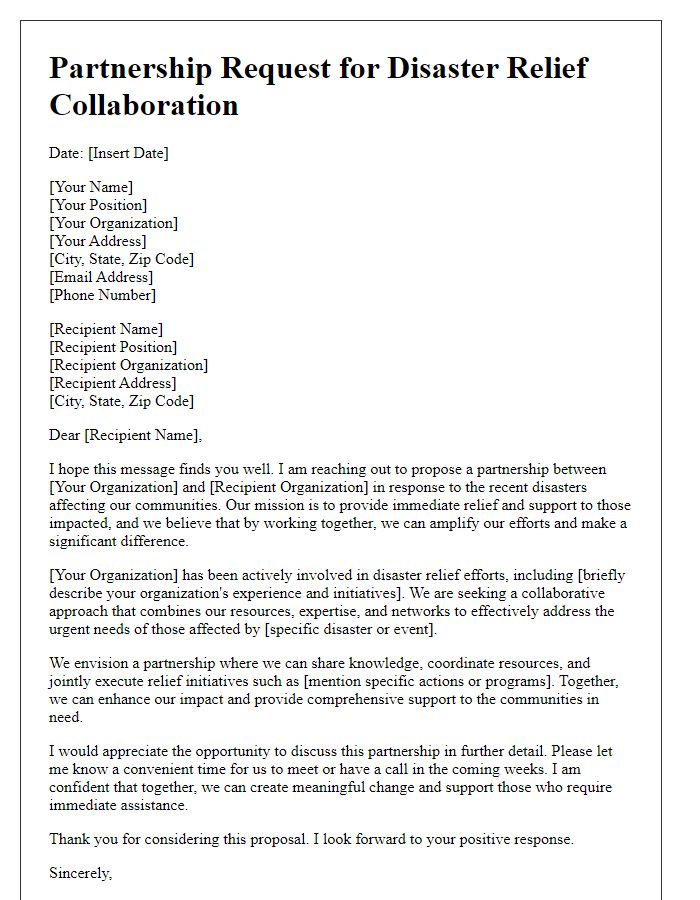 Letter template of partnership request for disaster relief collaboration.