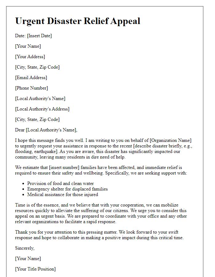 Letter template of urgent disaster relief appeal to local authorities.