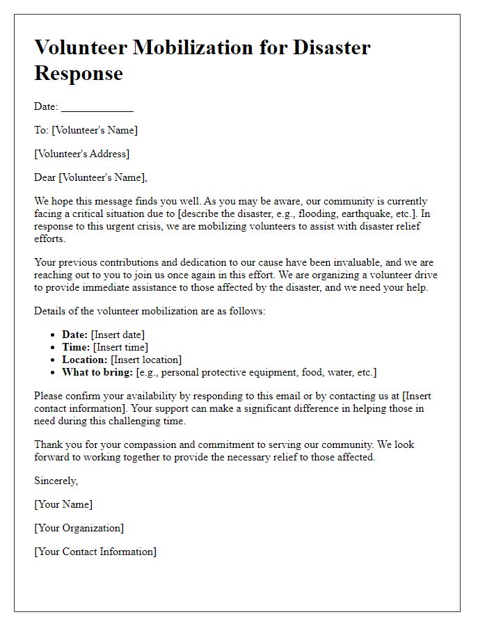 Letter template of volunteer mobilization for disaster response efforts.