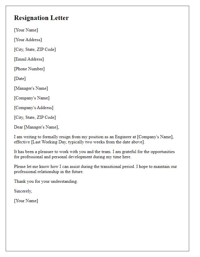 Letter template of formal resignation from engineering position