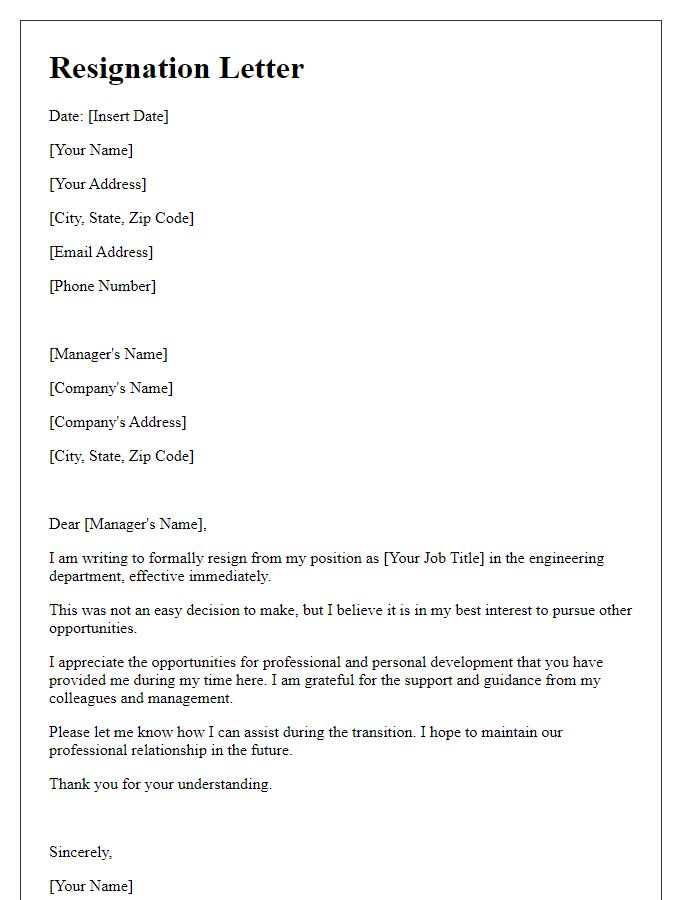Letter template of immediate resignation from engineering role