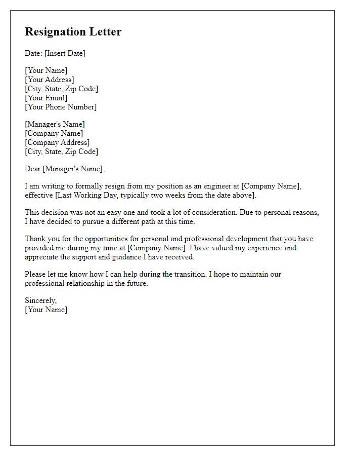 Letter template of resignation from engineering job due to personal reasons