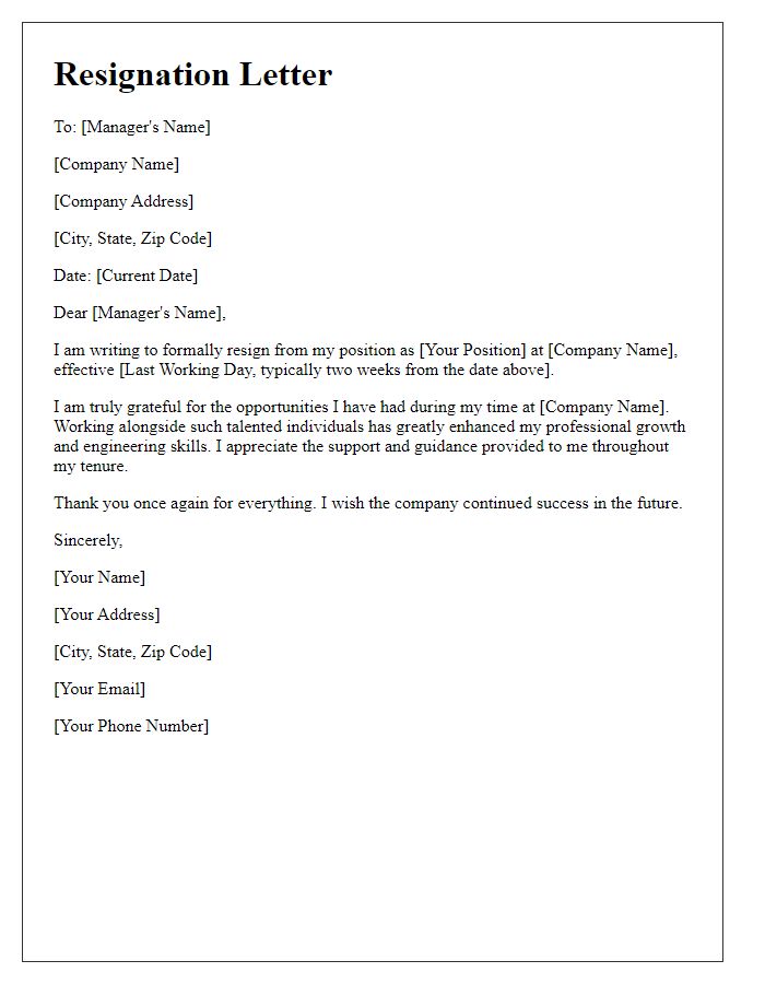 Letter template of resignation from engineering job with gratitude