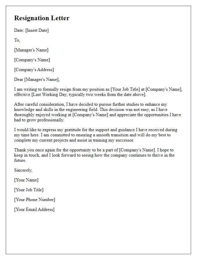 Letter template of resignation from engineering job to pursue further studies