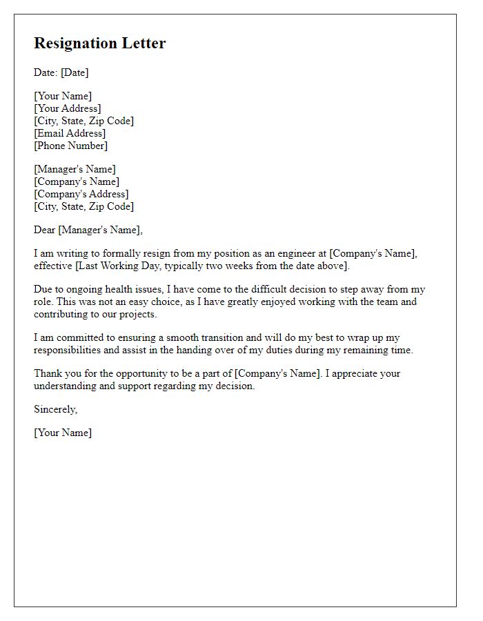 Letter template of resignation from engineering position for health reasons