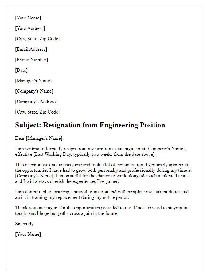 Letter template of resignation from engineering position with notice period